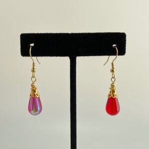 Red Czech Glass Tear Drop Earrings with AB Finish & Gold Filigree, Edwardian